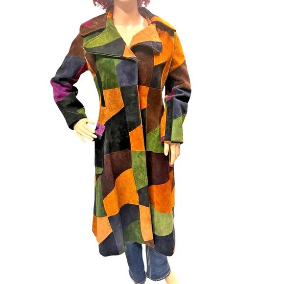 Vintage 70's Leather Suede Patchwork Hippie Boho Snap Button Long Jacket Coat 12 - Picture 11 of 16